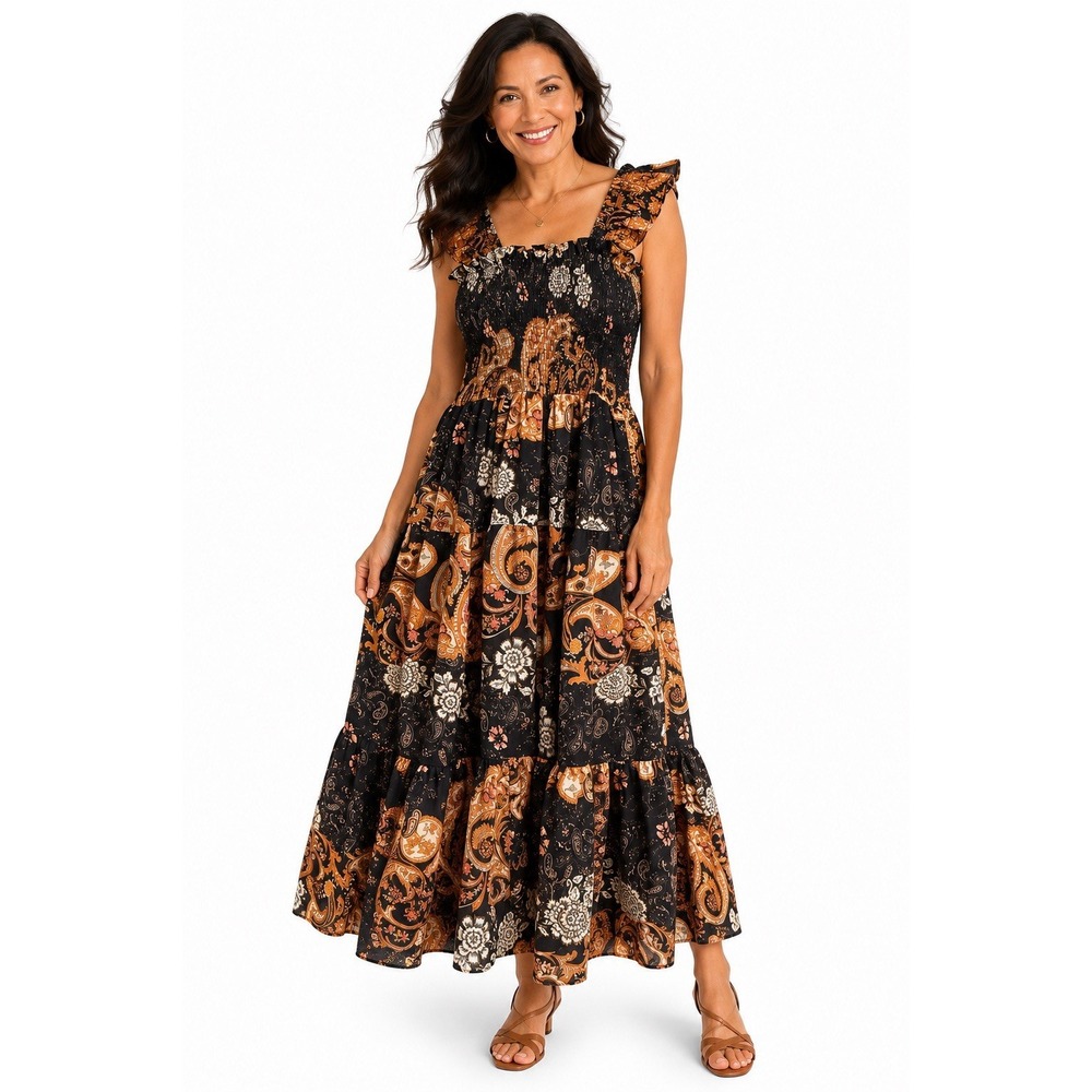 Women's Boho Paisley Floral Maxi Dress Smocked Ruffle Strap Tiered Cottagecore L